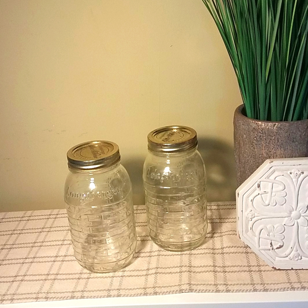 2 Longaberger glass blue ribbon Mason jars.